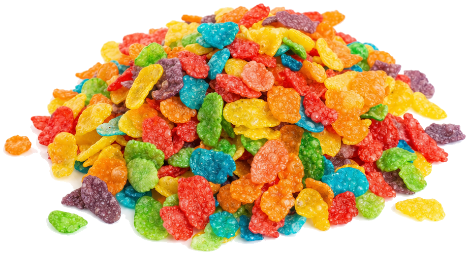 A pile of brightly colored cereal
