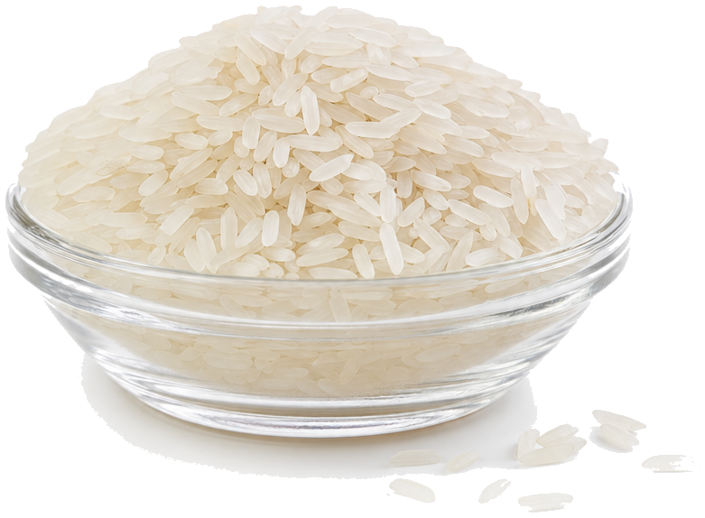 Raw white rice in a glass dish