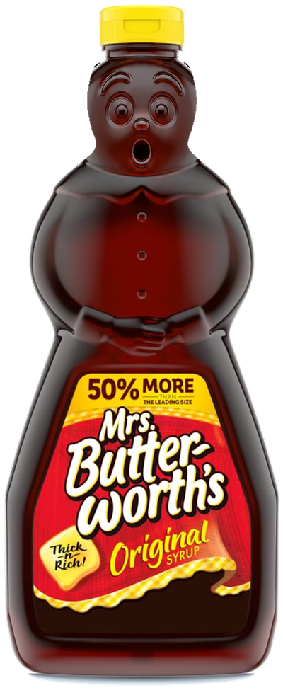 A bottle of Mrs. Butterworth's Original Syrup sliding in from the left, its face wide-eyed and open-mouthed in surprise at the towering maple tree