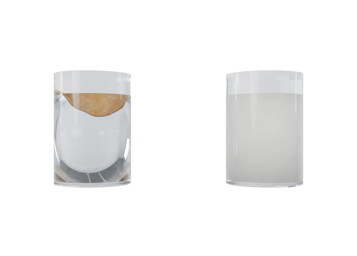 A potato chip stays whole in a glass of water while a crisp dissolves into cloudy paste
